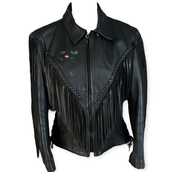 Leather Jacket w/ Hand Painted Cat Black Fringe Motorcycle Western Vintage Small - Picture 2 of 16